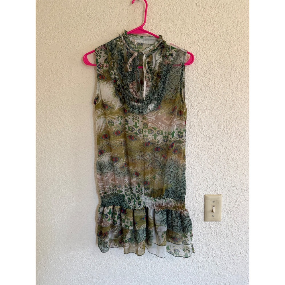 ICU Peacock Print Ruffle Cowl Neck Smocked Drop Waist Sleeveless Tunic Top S